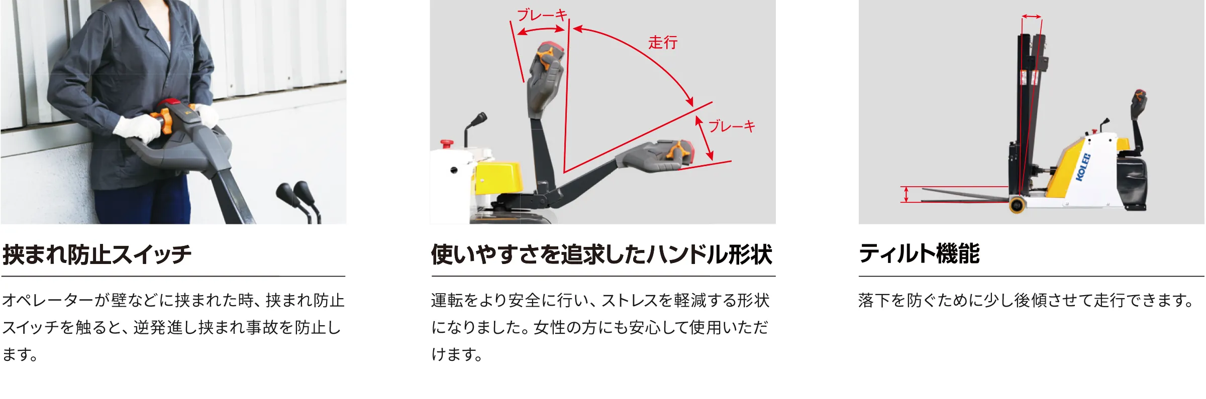 挟まれ防止スイッチ　使いやすさを追求したハンドル形状　ティルト機能